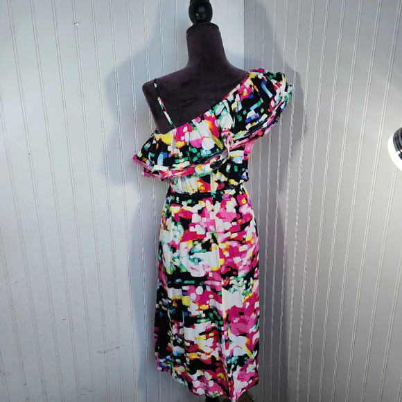 H&M Womens Dress sz 4 One Shoulder Bright Abstract Print Midi Ruffle Pink White - Picture 7 of 13